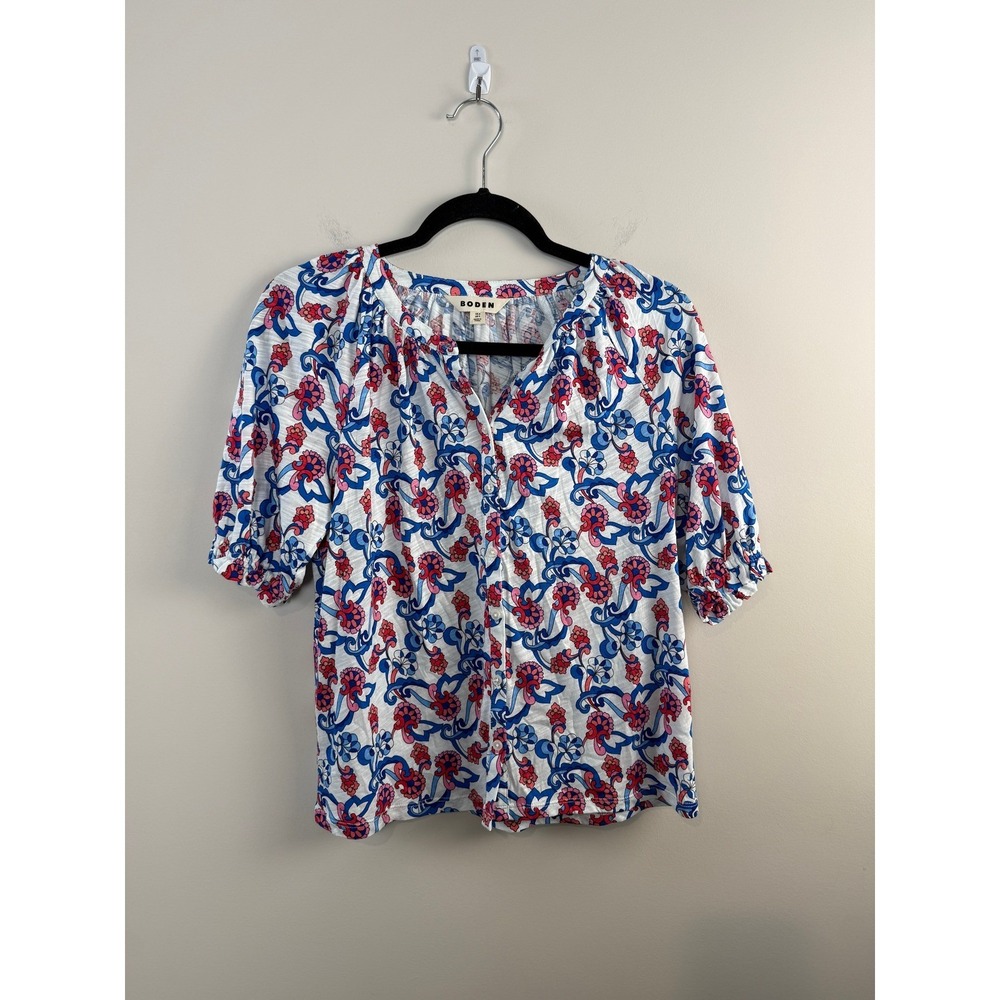 Boden Button Front Blouse Womens Size 4 Blue Pink Floral Paisley Puff Sleeve Top